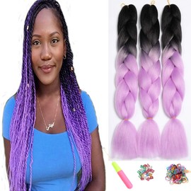 ShowJarlly Box Braid Hair Extensions, 24inch Black/Light purple ​Ombre Jumbo Braid Hair, 3Packs Synthetic Jumbo Braiding Hair Extension Afro Hair Extensions for Braiding Crochet Twist Braids