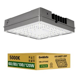 Goldinfu 120W LED Canopy Light, 60/80/100/120W Selectable, 5000K Square Commercial LED Canopy Lights Outdoor IP65 Waterproof for Garage Shop Gas Station Carport Warehouse, DIM, 100-277VAC, ETL Listed