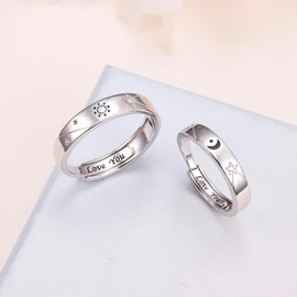 Couple Rings 925 Sterling Silver Matching Rings Pair Engagement Rings Sun and Moon Rings His and Hers Rings Adjustable I Love You Promise for Lovers