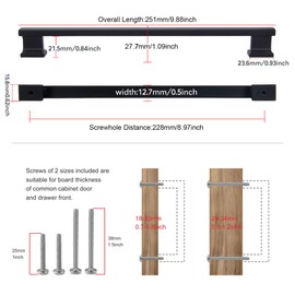 TUNNY 5 Pack Classic Rectangle Solid Cabinet Handles-9"/228mm Screw Spacing Matte Black Furniture Hardware Handles for Bathroom Dresser Kitchen Cabinets Bedroom Cabinet Pull