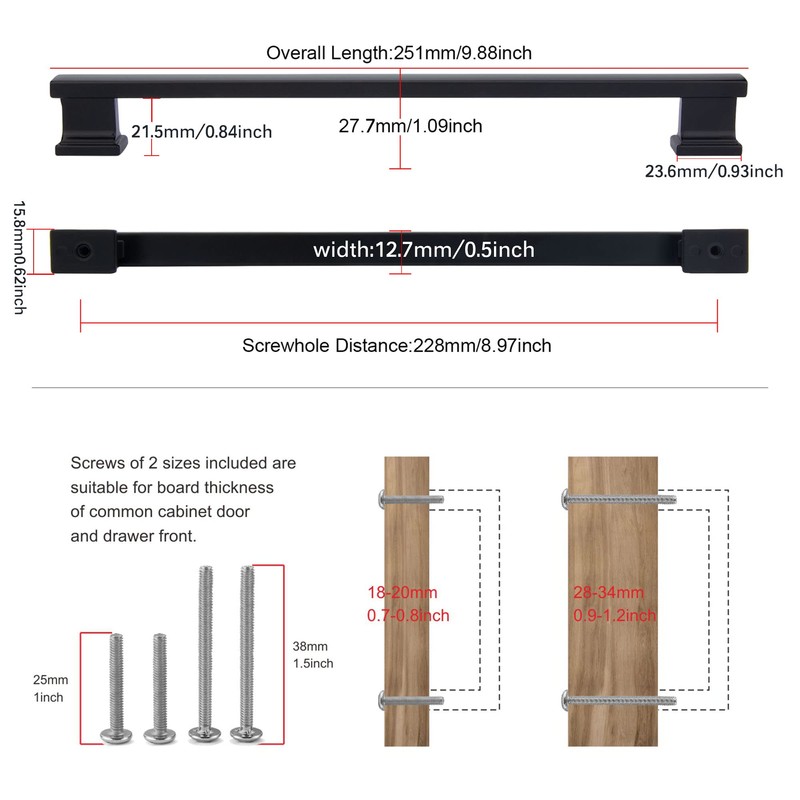 TUNNY 5 Pack Classic Rectangle Solid Cabinet Handles-9"/228mm Screw Spacing