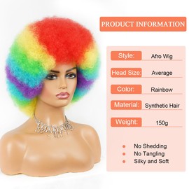 Soft 70s Afro Wig for Women Rainbow Afro Kinky Curly Hair Wigs with Bangs Natural Looking Big Afro Curly Wig for Men Bouncy Afro Puff Wig Synthetic Hair