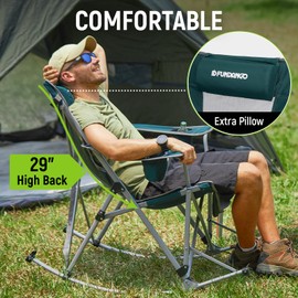 FUNDANGO Rocking Camping Chair for Adults Folding Outdoor 2 Pack Big Curved Rocking Chairs, Portable High Back Rocker Chair with 2 Cup Holder Headrest Armrest for Picnic Lawn Backyard Garden Travel