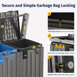 EAST OAK 62 Gallon Outdoor Trash Can | Waterproof Resin Garbage Can with Recycle and Garbage Labels | Secure Bag Lip Lock and Drip Tray | Outside Trash Bin for Patio | Kitchen, Backyard or Deck | Gray