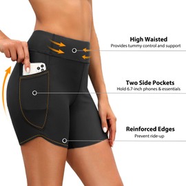 Women Black High Waisted Swim Shorts - 5" Bathing Suit Short with Pockets Tummy Control Swimsuit Bottom Boy Shorts S