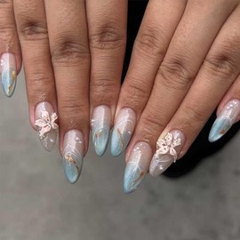 Foccna Press on Nails Sea Star Short Almond Seashell Nails with 3D Nail Art, Reusable Summer Nails Kit with Glue for Women and Girls 24PCS