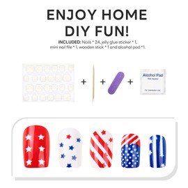 Independence Day Press on Nails Medium Coffin Fake Nails with Glossy Red White Blue Designs False Manicure USA Flag Stars Acrylic Artificial Manicure for Women Patriotic Finger Decoration