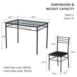 VECELO Kitchen Dining Table and Chairs Set for 4, PU Padded Seat & Glasses Tabletop, Space Saving, Matte Black