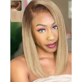 KLAIYI Bye Bye Knots Glueless Wig Blonde with Brown Roots Bob Straight Precut 7x5Lace Front Human Hair Wigs Pre Plucked Pre Bleached Blunt Cut Ombre Highlight Side Part Wig Ready to Wear and Go 14Inch