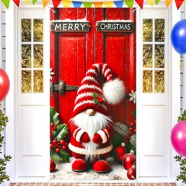 BlissYard Red Christmas Gnome Door Banner Cover 35x71 Inch Holiday Front Door Cover Merry Christmas Decoration for Porch Entryway Indoor Outdoor Santa Elf Wall Backdrop Xmas Party Supplies