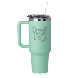 Daylor 40 oz Tumbler with Handle and Straw Lid Stainless Steel Insulated Travel Mug Cup Corgi Face (Sea Foam Green)