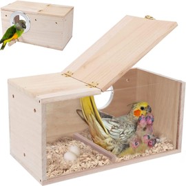 Boutihao Budgie Nesting Box, Bird Nest Breeding Box with Perch, Wood, Bird Nesting Box, Natural Wood Bird Nest House with Transparent Acrylic Plate, Wooden Bird Breeding Box (15 x 15 x 29.5 cm)