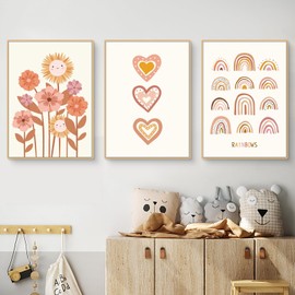 Herfair Set of 3 Posters for Children's Room, Boho Decorative Pictures, Baby Room, Wall Pictures, Bedroom, Sun, Rainbow, Baby Room, Wall Decoration, Girls, Boys, without Frame (A, 30 x 40 cm)