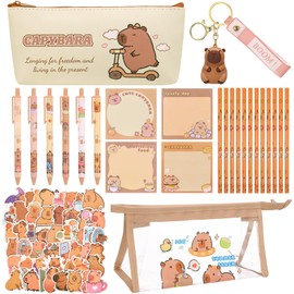 Cute Capybara Stationery Set, Capybara Pencil Case with Gel Ink Pens HB Pencils Stickers Keyring Sticky Notes Kawaii Stationery Set Capybara Gifts for Boys Girls School Office Home