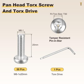 METALLIXITY Pan Head Torx Screws (M6-1x20mm) 50pcs with Wrench, Button Torx Head Machine Screws with One Bit - for Furniture Woodworking Project, Silver Tone