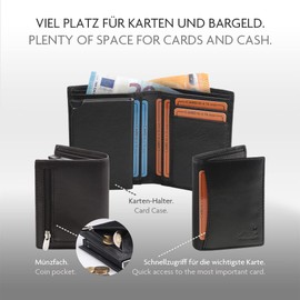 Fa.Volmer ® Men's Genuine Leather Wallet | Portrait Format | Slots for Cards & Banknotes | Coin Compartment | Includes Removable Card Holder (RFID Protection) | Various Models, Type 02 Black, Classic
