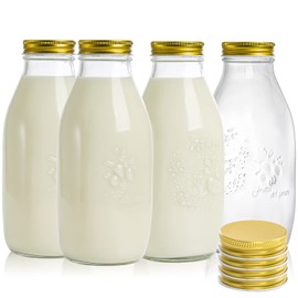 ZOOFOX 4 Pack 32 oz Glass Milk Bottle with Lids, Vintage Milk Container for Refrigerator, Glass Juice Bottles, Reusable Dairy Drinking Containers for Almond Milk, Yogurt, Smoothies, Maple Syrup, Jam