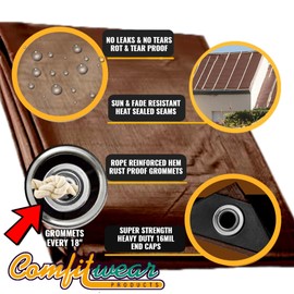 COMFITWEAR 16 MIL Heavy Duty Tarp Super Heavy Duty Tarp Cover 16 MIL Multi-Purpose Extra Heavy Duty Tarps Car Tarp Boat Tarp Camping Tarp General Purpose Waterproof Tarp Cover (6' X 8', Brown)