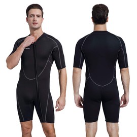 Mens 3mm Shorty Wetsuit, Premium Neoprene Front Zip Short Sleeve Scuba Diving Wetsuit Snorkeling Surfing (Shorty Wetsuit Black, S)
