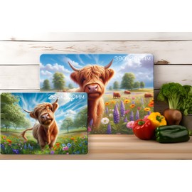 Noble & Page - Tempered Glass Cutting Board - 285x200mm Textured Chopping Board - Meadow Happy Cow