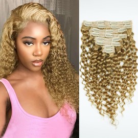Clip in Hair Extensions Real Human Hair 18 Inch Remy Human Hair Extensions for Women Double Weft Seamless Clip ins Brazilian Deep Wave Curly 8Pcs 120g 20 Clips Honey Blonde