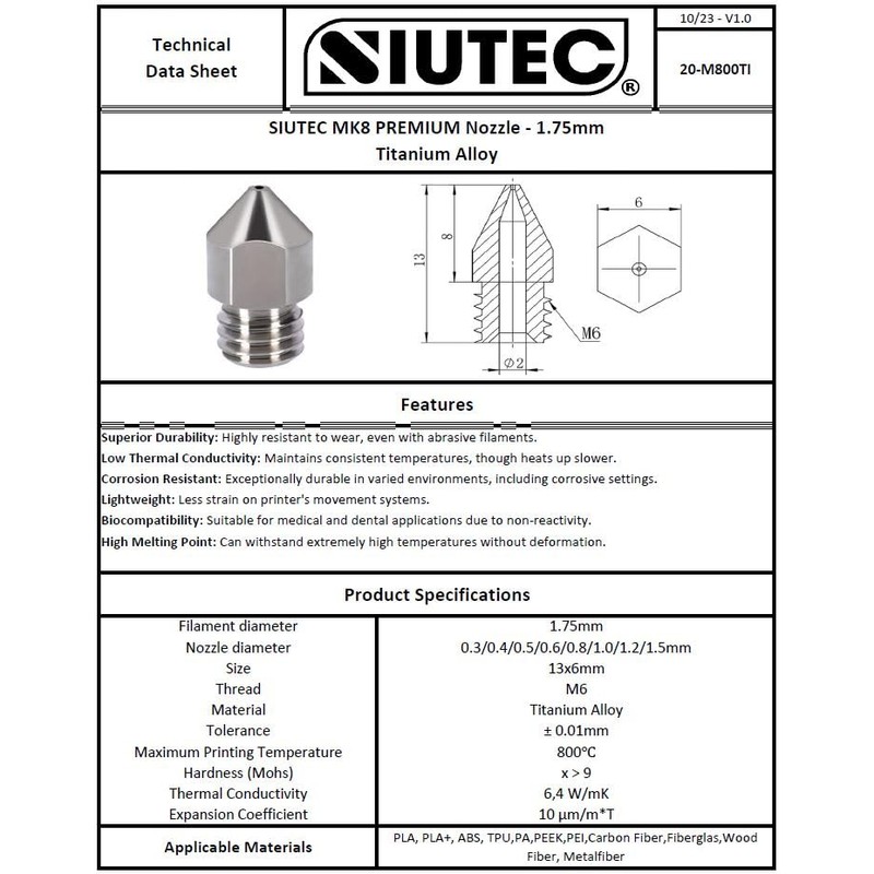 SIUTEC® Premium MK8 Titanium Coated / Titanium Alloyed, Nozzle/Nozzle, 1.2