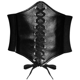 YooAi Leather Corset Belt for Women Lacing Elastic Waist Belt Retro Wide RCA Belt Waistband for Women Dresses, black
