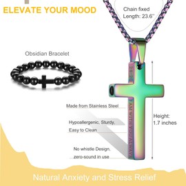 Breathing Anxiety Necklace for Men Cross Pendant Breathing Necklace for Anxiety Stress Relief Relaxation Mindfulness Meditation Men Women Anxiety Necklace Breathing with Inspirational Bible Verse (28:20 I AM WITH YOU ALWAYS, Rainbbow)