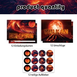 POMNUG 12 x Vulkan Invitation Cards Children's Birthday Lava Invitation Cards 12 Pieces Envelope and 12 Stickers for Boys Girls Birthday Invitations Party Invitations