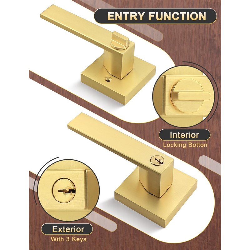 Tinewa 2 Pack Brushed Gold Entry Door Levers with Lock