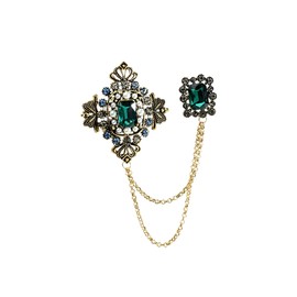 Solighter Vintage Crystal Pearl Long Chain Brooches for Women Men Simulated Emerald Green Rhinestone Geometry Rectangle Lapel Brooch Pin Court Suit Shirt Accessories (Green)