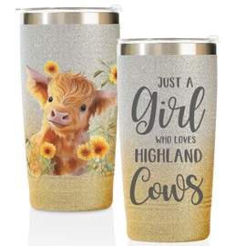Onebttl Highland Cow Gifts for Women, Girls, Scottish Cow Lover Gifts, Glitter Silver-Gold 20oz Stainless Steel Insulated Tumbler with Straw & Lid