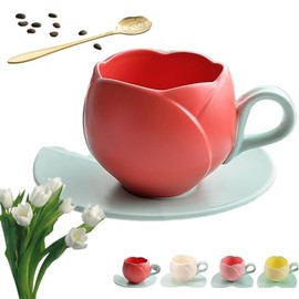 SAHENITEANA Taza De Tulipán En Forma De Flor - Cerámica Rosa/Amarilla/Beige/Roja Con Cuchara (Rojo)