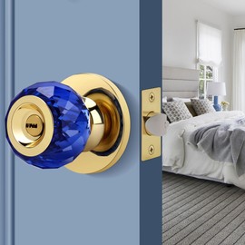 LOQRON Crystal Door Knob with Privacy Lock, Blue Glass Interior Door Knob with Keys and Lock, Round Design Crystal Doorknob for Bathroom Bedroom, Gold
