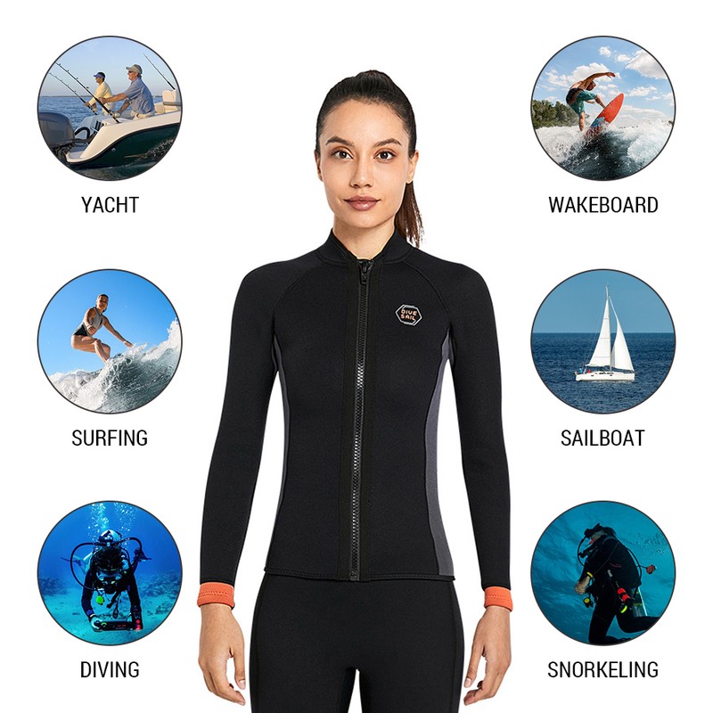 Women 3mm Neoprene Long Sleeve Wetsuit Top Warm Front Zipper