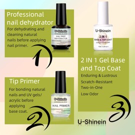 U-Shinein 3Pcs Nail Dehydrator and Primer, 2-in-1 Base Coat and Top Coat Gel，Acid Free Natural Nail Prep Dehydrate & Bond Primer, Acrylic Nail Supplies Primer Nail Tech Must Haves Set