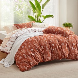 Bedsure Duvet Cover Queen Size - Reversible Terracotta Queen Duvet Cover Set with Zipper Closure, 3 Pieces Floral Patterned Bedding Set with 8 Corner Ties and 2 Pillow Shams