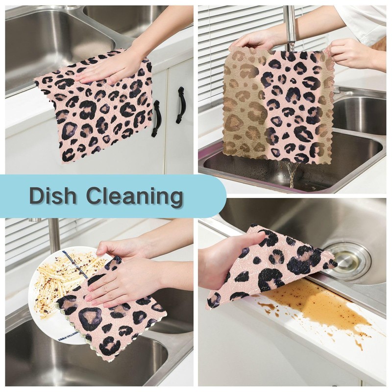 Paños de cocina con estampado de leopardo rosa y negro,