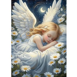 KEYIFA Diamond Art White Angel Diamond Painting Kits for Adults, 5D Round Full Drill, Little Angel Diamond Dots Mosaic Painting for Beginner, DIY Gems Art Craft for Home Wall Decor 30x40 cm