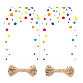 jijAcraft Gift Tags with Colourful Dots: 8.5 x 5.5 cm, White Paper Tags for Labelling, Pack of 100 Paper Labels with Hole and String for Children, Birthday, DIY Gift