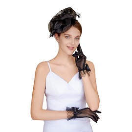 CAIYILA Fascinators Hat Flower Mesh Feathers Headband Derby Hat Clip Tea Party Headwear and Lace Gloves with Bows for Women (Black)