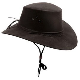 Outdoor Sommerhut aus veganem Leder super leicht und luftig inkl. Kinnband wasserfest mit UV Schutz für Herren Damen Kinder | schwarz Farbe schwarz, Größe S I 54-55 cm