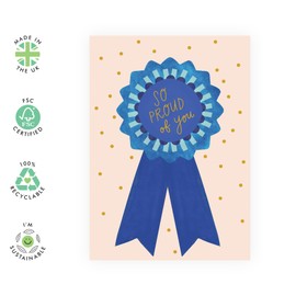 So Proud of You Card – Greeting Card for Graduation, Exam Success, Congratulations - Gifts for Him, Her, Son, Daughter, Grandson, Graddaughter, Niece, Nephew - Ribbon Badge - Comes with Stickers