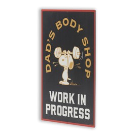 Peanuts Snoopy Dad's Body Shop Work in Progress Metal Sign - Funny Snoopy Wall Decor for Garage or Fitness Room