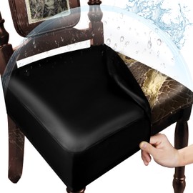 WUSOUPU Leather Seat Covers for Dining Room Chairs Set of 6, Waterproof Kitchen Chair Seat Protector Slipcovers Made of 4-Way High Stretch PU Leather and Rear Covers Design (Black 6 Pcs)
