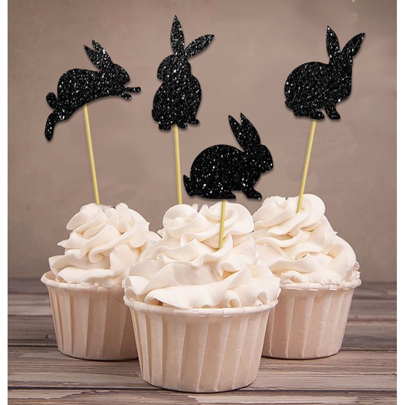 Darling Souvenir, Glitter Black Easter Bunny Rabbit Cupcake Toppers Dessert