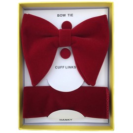 Justar Mens Pre-Tied Oversized Bow Tie Tuxedo Velvet Bowtie Cufflinks Hankie Combo Sets (Wine Red)
