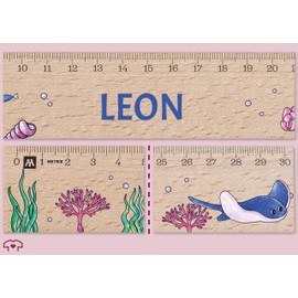 Wooden Ruler 30 cm - Sea Animals - First Day of School Gift Manta Ray with Name I First Day of School Gift School Child Ray I School Introduction Gifts School - 30 cm - Wood