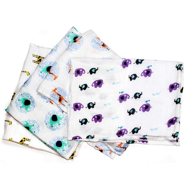 Little English Quality Muslin Squares cloth for Babies, Ultrasoft with 4 unique animal designs - Safari Friends - Pack of 4 - Size 60cm x 60cm
