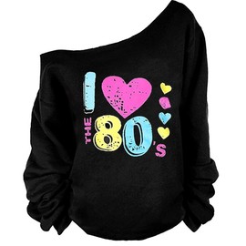 MAGICMK 80s Outfit for Women,Off Shoulder Long Sleeve,80s Outfit Sweatshirt Slouchy Printed Neon Long Tunics Top for Party-XL